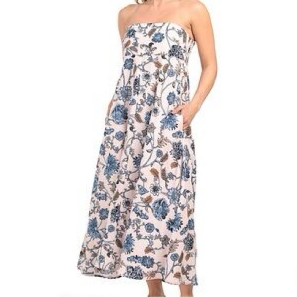 Rachel Zoe xs NWT linen blend strapless floral smocked midi dress with pockets
